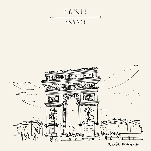 Paris, Fransa. Zafer Takı (Zafer Takı) Fransa 'nın başkentinde. El çizimi. Retro stil sanatsal seyahat skeci. Klasik el çizimi turistik kartpostal, poster, kitap illüstrasyonu