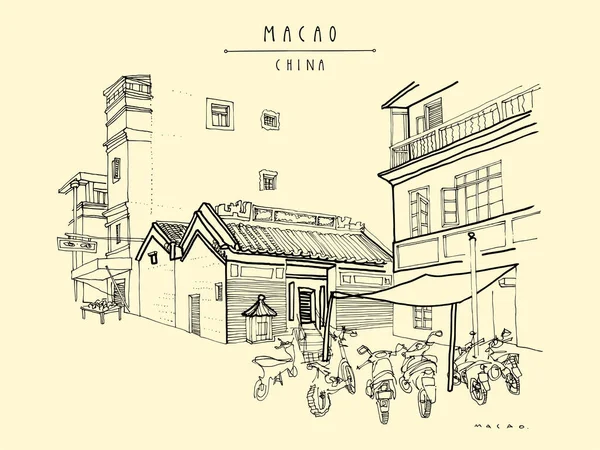 Macau Retro Ansichtkaart Chinese Kuan Tai Sam Kai Vui Kun — Stockvector