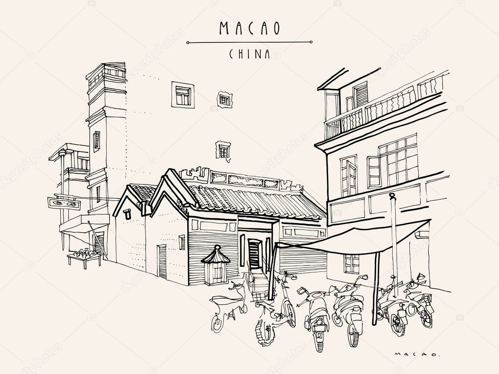 Macao retro postcard. Chinese Kuan Tai (Sam Kai Vui Kun) temple. Old town historical center. Macau (Macao), China, Asia. Artistic drawing. Asian travel sketch. Vintage hand drawn postcard, poster