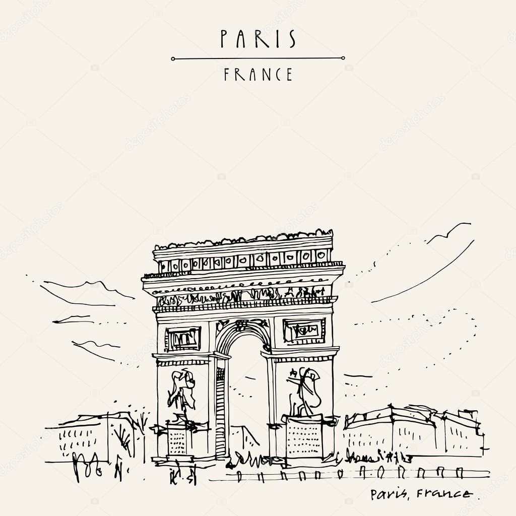 Paris, France. Arc de Triomphe (Triumphal Arch) in French capital. Hand drawing. Retro style artistic travel sketch. Vintage hand drawn touristic postcard, poster, book illustration