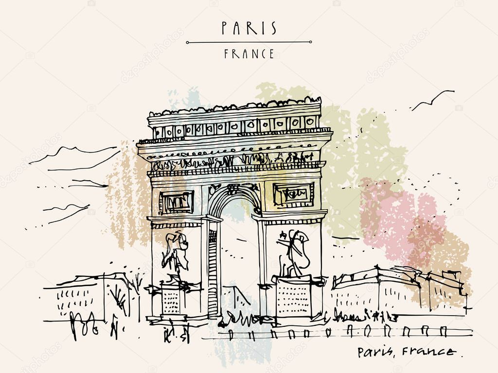 Paris, France. Arc de Triomphe (Triumphal Arch) in French capital. Hand drawing. Retro style artistic travel sketch. Horizontal vintage hand drawn touristic postcard, poster or book illustration