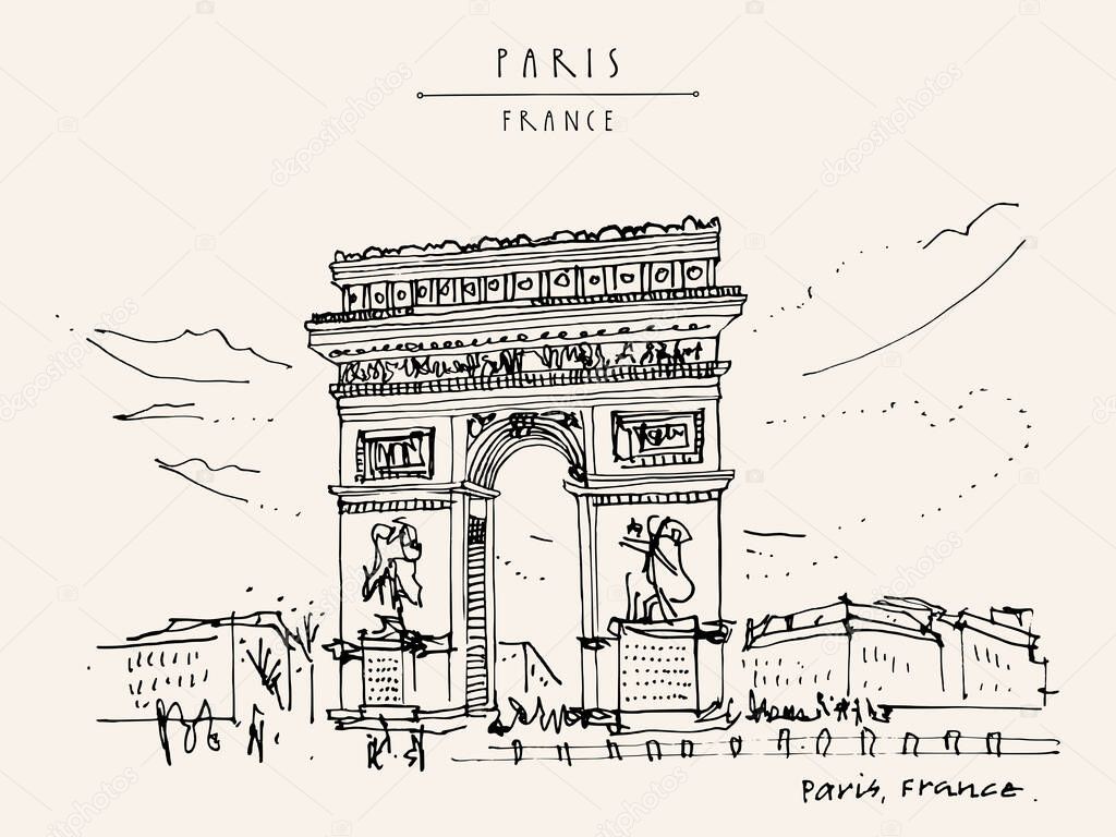 Paris, France. Arc de Triomphe (Triumphal Arch) in French capital. Hand drawing. Retro style artistic travel sketch. Horizontal vintage hand drawn touristic postcard, poster or book illustration