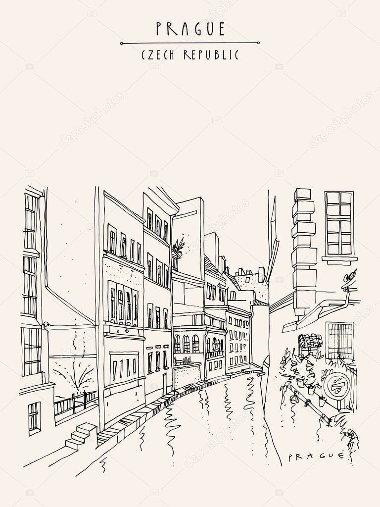 Prague postcard. Prague, Czech Republic, Europe. Canal in the old town. Travel sketch drawing. Hand drawn vintage touristic postcard, poster, book or calendar illustration