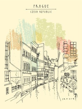 Prag kartpostalı. Prag, Çek Cumhuriyeti, Avrupa. Eski kasabadaki kanal. Seyahat çizimi. El yapımı klasik turistik kartpostal, poster, kitap veya takvim illüstrasyonları
