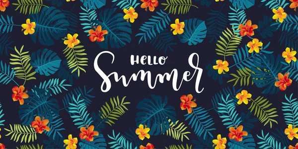 Hello Summer Hontal Banner Monstera Leaves Hibiscus Flowers Яркие Джунгли — стоковый вектор