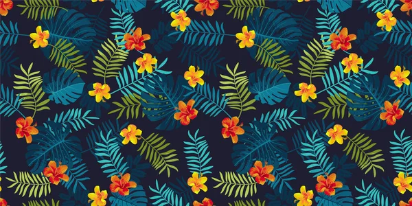 丛林数码纸 热带夏季无缝模式 有季风叶和芙蓉花 明亮的自然无缝背景 充满生机的乐观多汁的颜色 重复花型背景 — 图库矢量图片