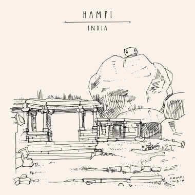 Hampi kartpostalı. Karnataka, Hindistan. Vijayanagara İmparatorluğu 'nun 14. yüzyıl başkenti. Ancent tapınağı, dev kaya. Miras Yolculuğu skeci. El yapımı seyahat kartı, poster illüstrasyonu