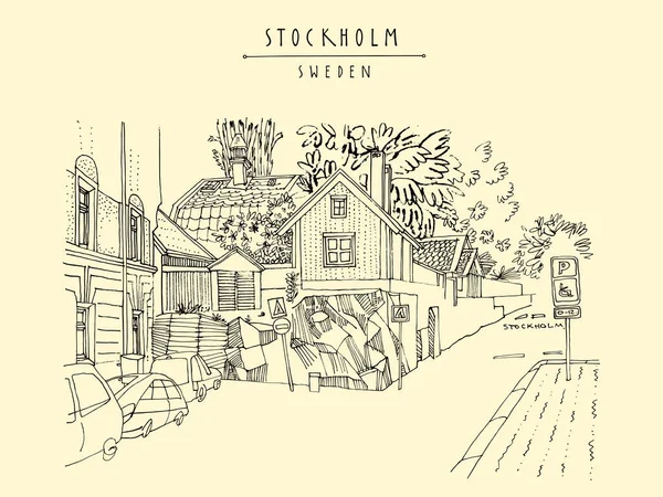 Stockholmi Képeslap Street Stockholm Svédország Skandinávia Európa Ház Sziklán Parkolás — Stock Vector