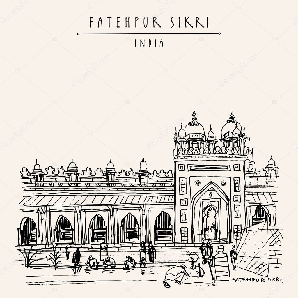 Fatehpur Sikri postcard. Agra District of Uttar Pradesh, India. Shahi Darwaza of the Jama Masjid mosque. Historical landmark sketch. Vintage hand drawn travel postcard