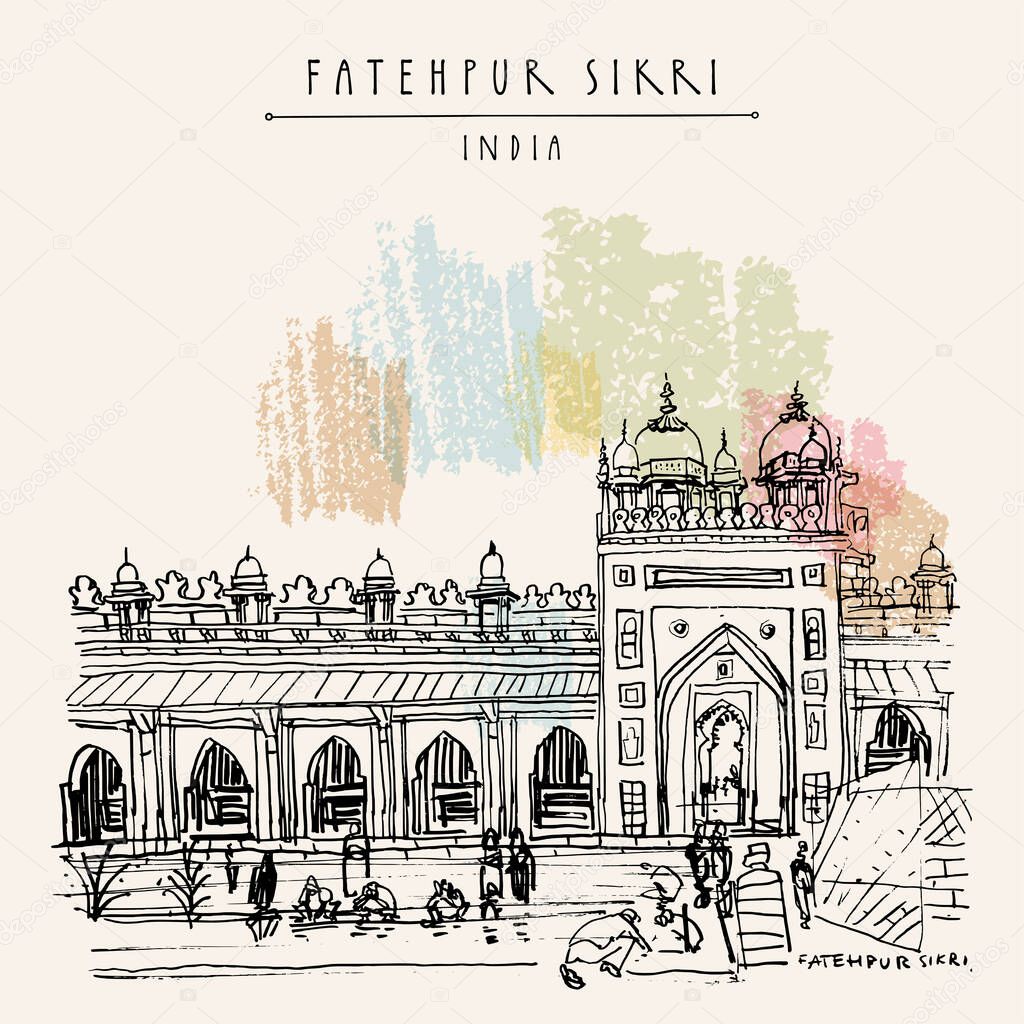 Fatehpur Sikri postcard. Agra District of Uttar Pradesh, India. Shahi Darwaza of the Jama Masjid mosque. Historical landmark sketch. Vintage hand drawn travel postcard