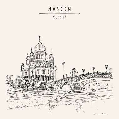 Moskova kartpostalı. Kurtarıcı Katedral İsa ve Moskova 'daki Patriksel Köprü, Rusya. Sanatsal seyahat skeci. Klasik el çizimi turistik kartpostal, poster, broşür
