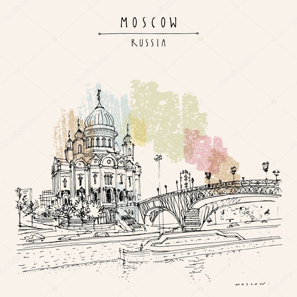 Moscow postcard. Christ the Savior Cathedral and the Patriarchal bridge in Moscow, Russia. Artistic travel sketch. Vintage hand drawn touristic postcard, poster, brochure illustration