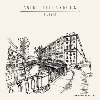 Saint Petersburg, Rusya kartpostalı. Sennoy Köprüsü. Şehir merkezindeki tarihi binalar. Dostoyevski miras yeri. Seyahat skeci. El yapımı klasik turistik poster, kitap illüstrasyonu