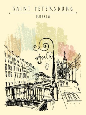 Saint Petersburg, Rusya kartpostalı. Kurtarıcının Katedrali (Diriliş Katedrali). Tarihi binalar seyahat skeci. El çizimi illüstrasyon