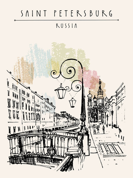 Saint Petersburg, Russia postcard. The Church of the Savior on Spilled Blood (Cathedral of the Resurrection). Historical buildings travel sketch. Hand drawn illustration