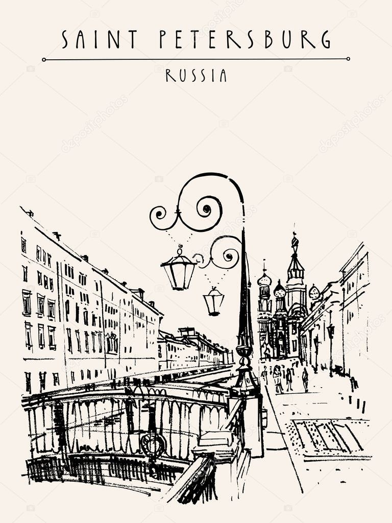 Saint Petersburg, Russia postcard. The Church of the Savior on Spilled Blood (Cathedral of the Resurrection). Historical buildings travel sketch. Hand drawn illustration