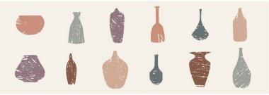 El yapımı kil kaplar, vazolar, sürahiler. Duvar sanatı yaratmak için sanatsal unsurlar. Nötr sessiz renk tasarım elementleri, çömlek logosu örnekleme. Antika şişe yaratıcılığı seti