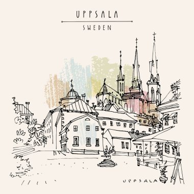 Artistik Uppsala, İsveç kartpostalı. Eski şehir seyahati skeci. Fransız Gotik tarzı Uppsala Katedrali, antik binalar, kafe. Klasik turistik kartpostal, poster veya kitap illüstrasyonu