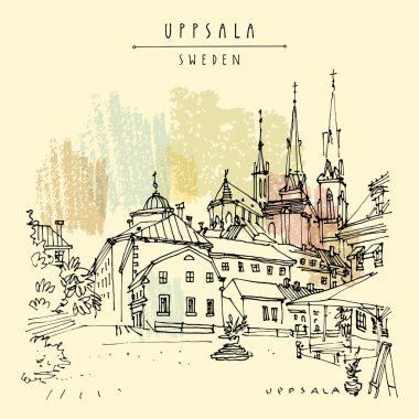 Artistik Uppsala, İsveç kartpostalı. Eski şehir seyahati skeci. Fransız Gotik tarzı Uppsala Katedrali, antik binalar, kafe. Klasik turistik kartpostal, poster veya kitap illüstrasyonu