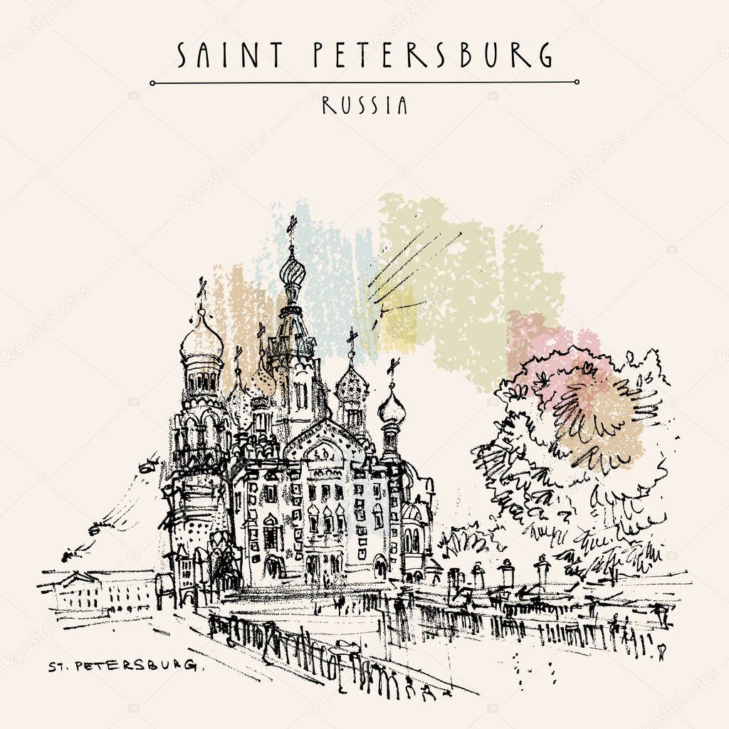 Saint Petersburg, Russia postcard. The Church of the Savior on Spilled Blood (Cathedral of the Resurrection). Historical building. Travel sketch. Hand drawn illustration