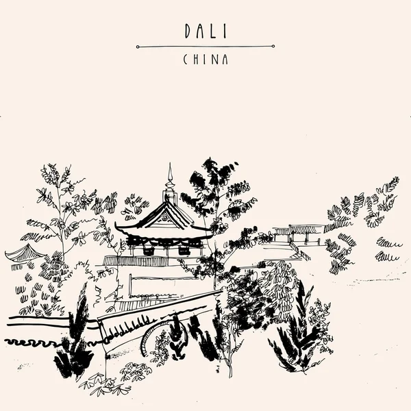Temple chinois traditionnel dans le parc Dali — Image vectorielle