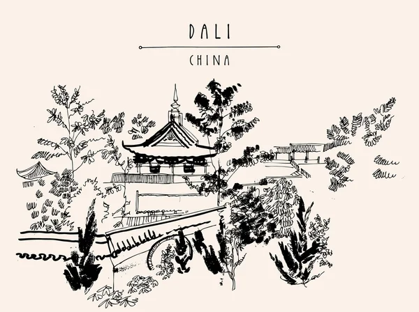 Temple chinois traditionnel dans le parc Dali — Image vectorielle