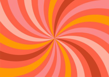 Kalın spiral girdap şekilli, dalgalı çizgili ve klasik yıldız patlaması ışınlı psikedelik sirk arkaplanı. Pembe, turuncu ve krem rengi panayır banyosu. Retro moda doku arkaplanı