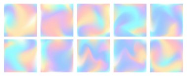 Tek boynuzlu at pastel renkleri. Vektör holografik kare arkaplan kümesi. Yanardöner duvar kağıdı. Gökkuşağı renkli peri masalı hologramları. Pearlescent tek boynuzlu at fantezi eğilimleri. Bulanık sanal arkaplan