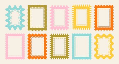 Eğimli dalgalı çerçeve kenarlık çerçeveleri. Vektör dalga kenarı çocuk renk bg. Eğlenceli sevimli retro metin kutuları. Kıvrımlı kıvrımlı kıvrımlı dalgalı, kenar kıvrımlı şirin çocuk pulları. Modaya uygun 60 'lar zigzag pul metin çerçeve koleksiyonu