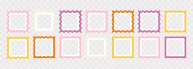 Dalgalı metin çerçevesi kenarlıkları. Deniz tarağı şekilli resim çerçeveleri. Dalga dikdörtgen kadran bg vektör kümesi. Çocuk grafikleri, kıvrımlı arka planlar. Renkli kare eğlenceli 60 'lar kıvrımlı zigzag konuşma baloncukları