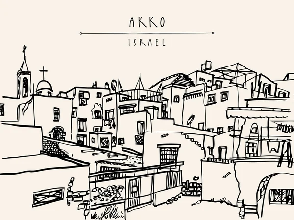 Akko Israel hand dras vykort — Stock vektor