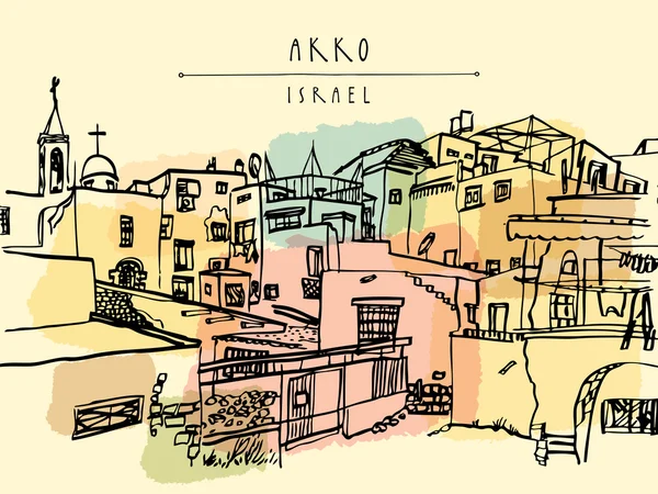 Akko Israel postal dibujada a mano — Archivo Imágenes Vectoriales