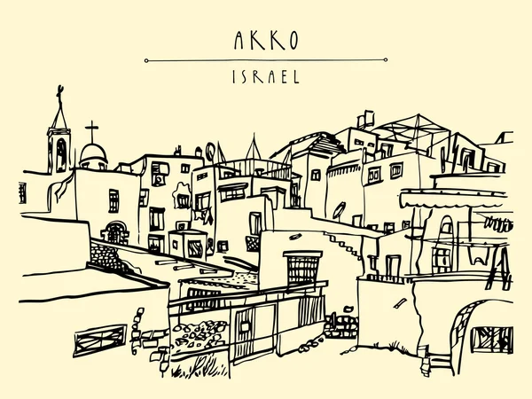 Carte postale Akko Israel dessinée à la main — Image vectorielle