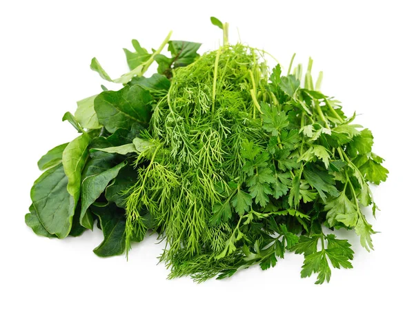 Färska Blad Dill Och Persilja Och Ruccola Isolerad Vit Bakgrund — Stockfoto