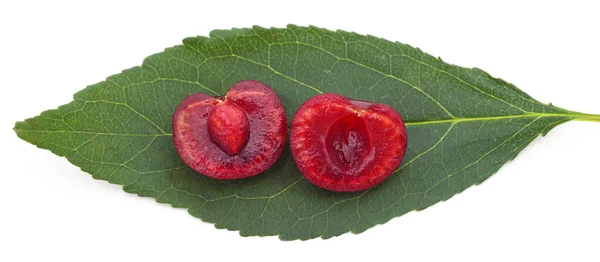 Mitades Cereza Sobre Una Hoja Aislada Sobre Fondo Blanco —  Fotos de Stock