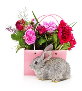 Güzel güller ve şakayıklarla dolu pembe bir hediye çantasının yanında beyaz bir arka planda izole edilmiş şirin gri bir tavşan oturuyor..