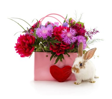 Kırmızı kalbin yanında sevimli beyaz bir tavşan ve beyaz bir arka planda izole edilmiş şakayık ve çiçek dolu pembe bir hediye çantası..