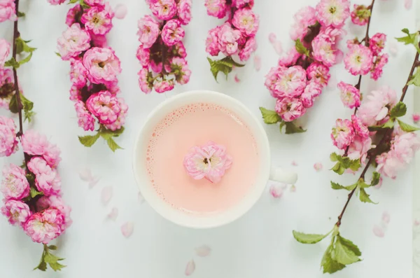 Flores rosadas y taza de leche — Foto de Stock