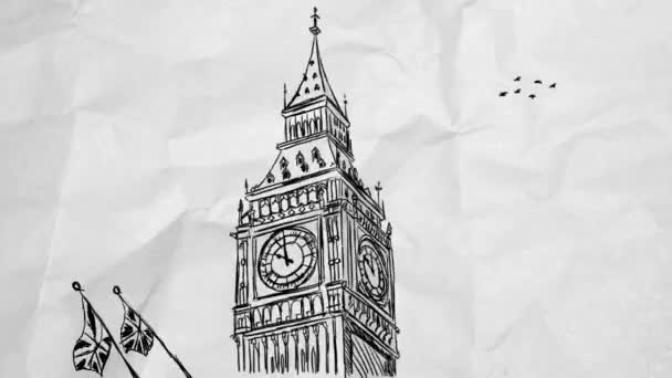 Big Ben - London - handgetekende 01 — Stockvideo