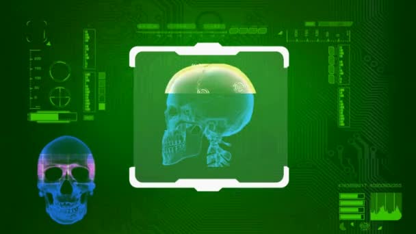 Сканированный череп - Цифровой интерфейс - зеленый — стоковое видео
