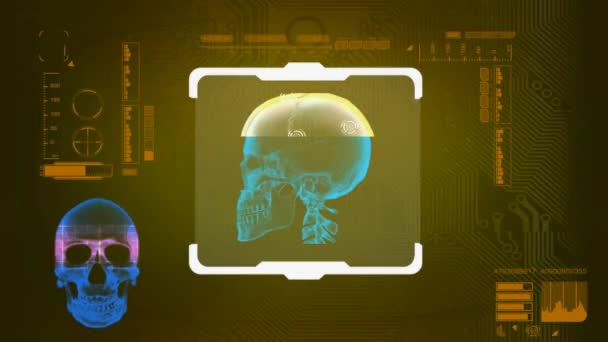 Сканированный череп - Цифровой интерфейс - желтый — стоковое видео