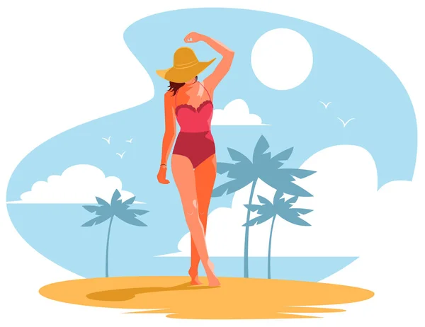 Ωραίο Κορίτσι Ροζ Και Κίτρινο Καπέλο Στην Παραλία Διανυσματική Επίπεδη — Διανυσματικό Αρχείο