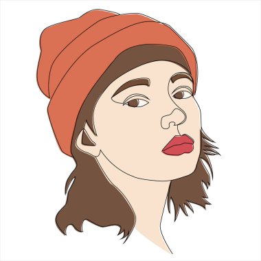 Asgari kadın yüzü şapkalı soyut bir poster. Bir çizgi çizim biçimi.