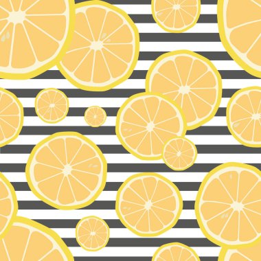 Taze limon arka planı. El çizimi arka plan örtüşmesi. Renkli duvar kağıdı vektörü. Taze meyve koleksiyonu olan kusursuz bir desen. Dekoratif illüstrasyon, yazdırmak için iyidir