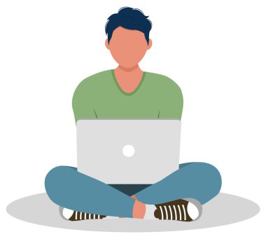 Kanepede otururken bilgisayarla çalışan bir kadının resmi. Evden çalışıyorum. Düz vektör illüstrasyonu