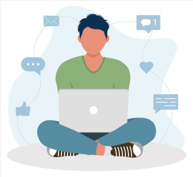 Kanepede otururken bilgisayarla çalışan bir kadının resmi. Evden çalışıyorum. Düz vektör illüstrasyonu