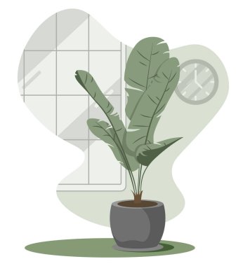 Bir saksının içindeki ev bitkisinin düz çizimi. İç mimari.