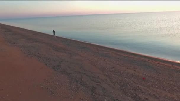 Frau und Hund laufen frei am Strand bei goldenem Sonnenuntergang. Fitnessmädchen und ihr Haustier trainieren zusammen. — Stockvideo