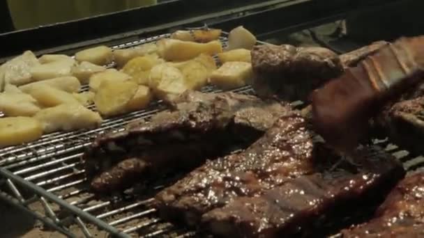 Costillas de cerdo a la parrilla y dio la vuelta a un fuego abierto — Vídeos de Stock