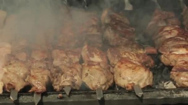 Shish kebab cozinhar em uma churrasqueira ao ar livre — Vídeo de Stock